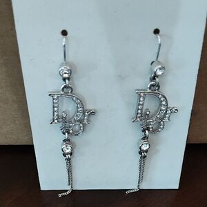 Chic Vintage Dior  Silver Dangle Earrings with Crystal Accents